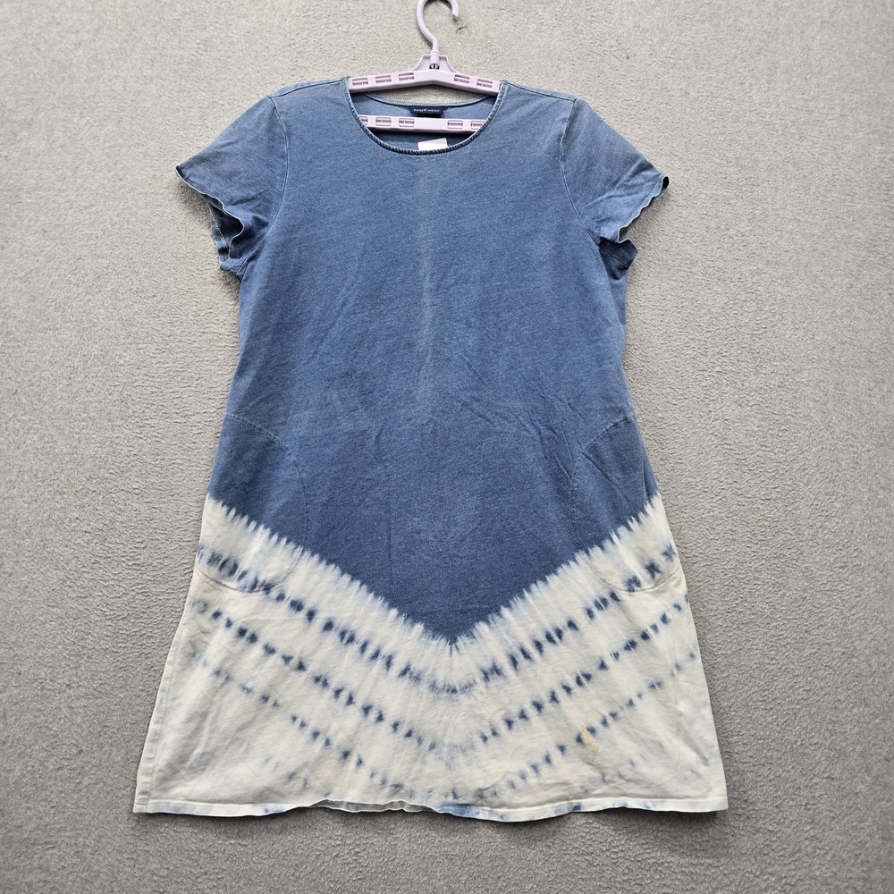 J Jill Women Dress PETITE L Blue Tie Dye Crew Neck Shirt Tunic Short Sleeve READ